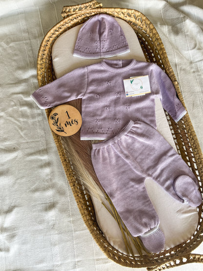 Conjunto de malha bebé 3 peças lavanda
