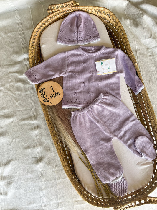 Conjunto de malha bebé 3 peças lavanda