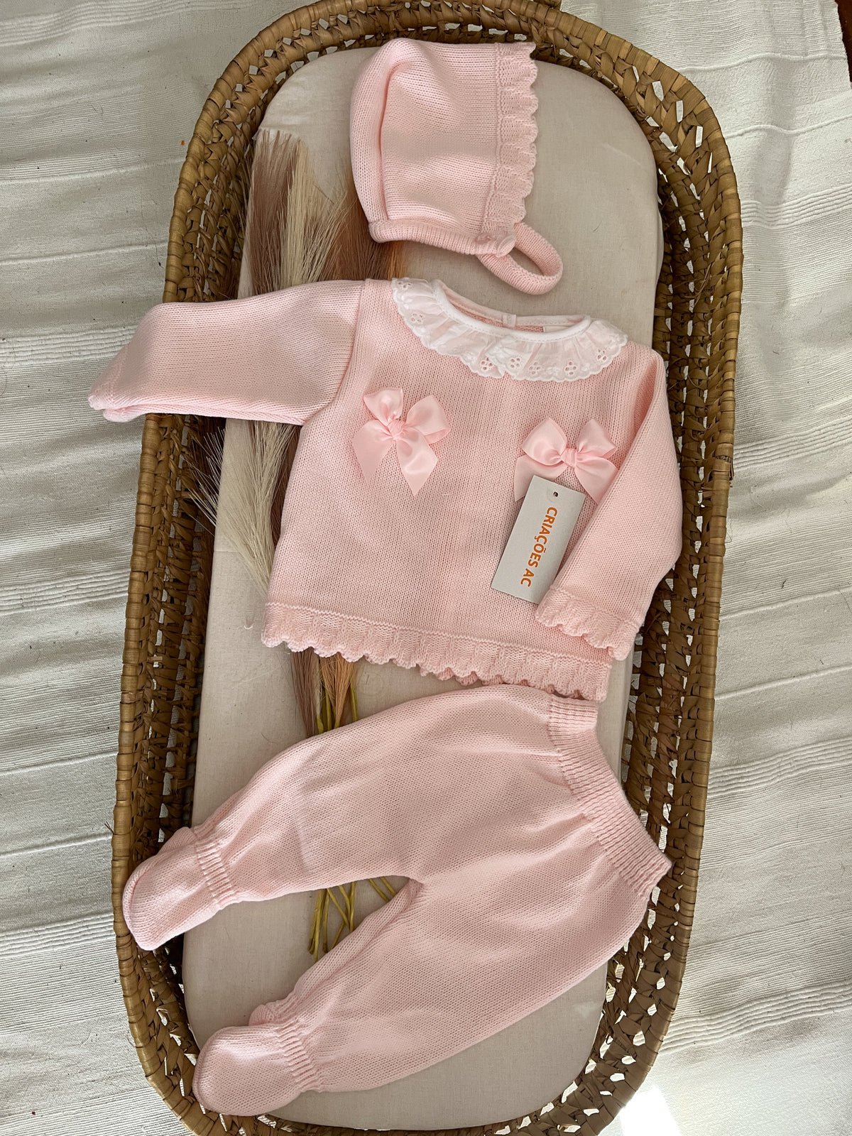 Conjunto de malha 3 peças bebé rosa bebé