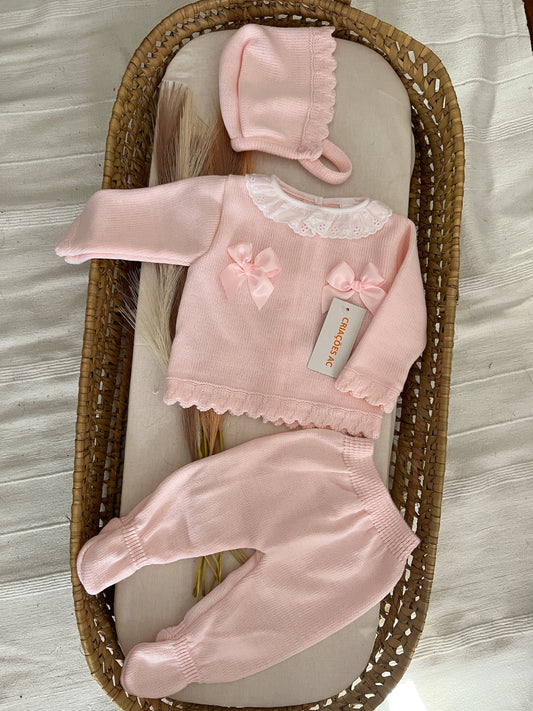 Conjunto de malha 3 peças bebé rosa bebé