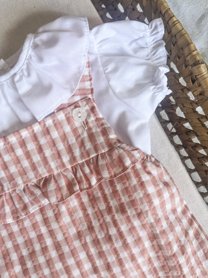 Conjunto de jardineira com blusa bebé menina rosa