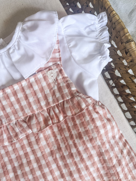 Conjunto de jardineira com blusa bebé menina rosa