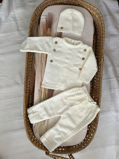 Conjunto de malha 3 peças bebé branco pérola
