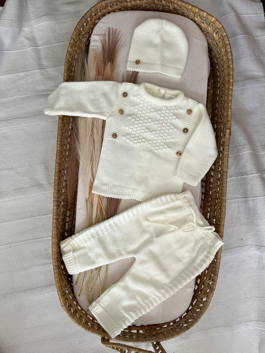 Conjunto de malha 3 peças bebé branco pérola