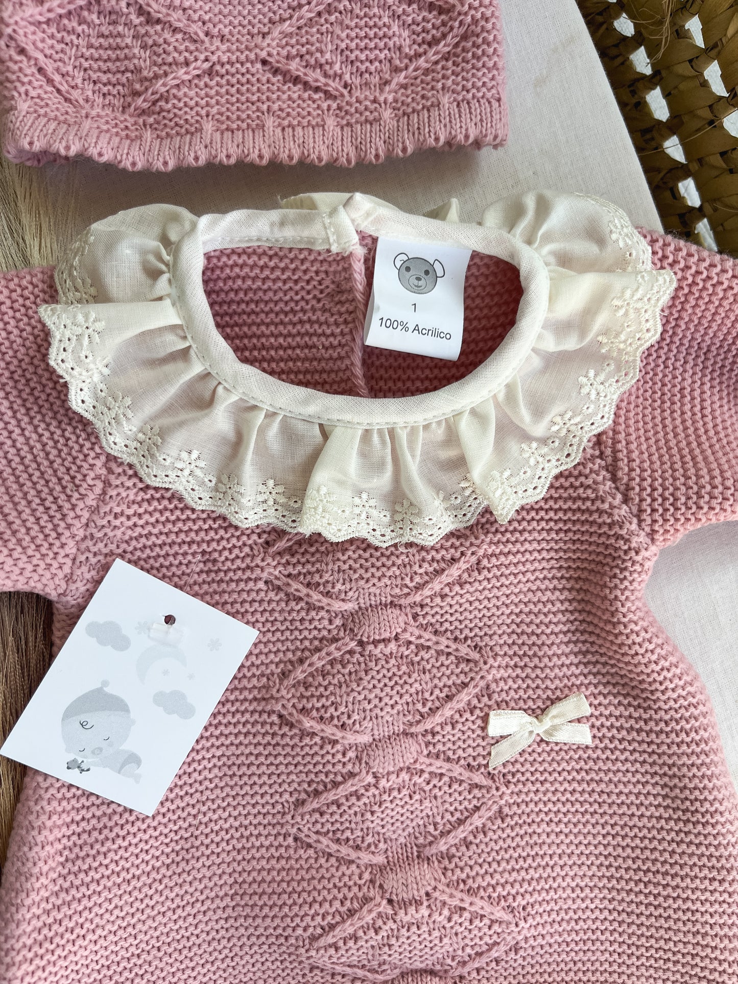 Conjunto de malha 2 peças fofo e gorro rosa velho