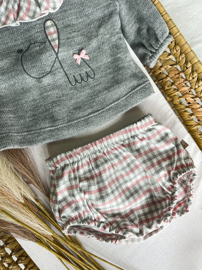 Conjunto de camisola com tapa fralda bebé cinza e rosa