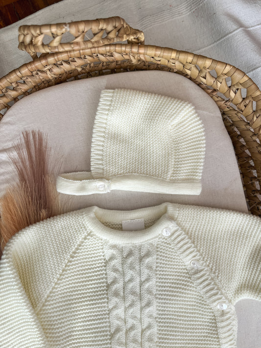 Conjunto de malha 3 peças bebé branco pérola