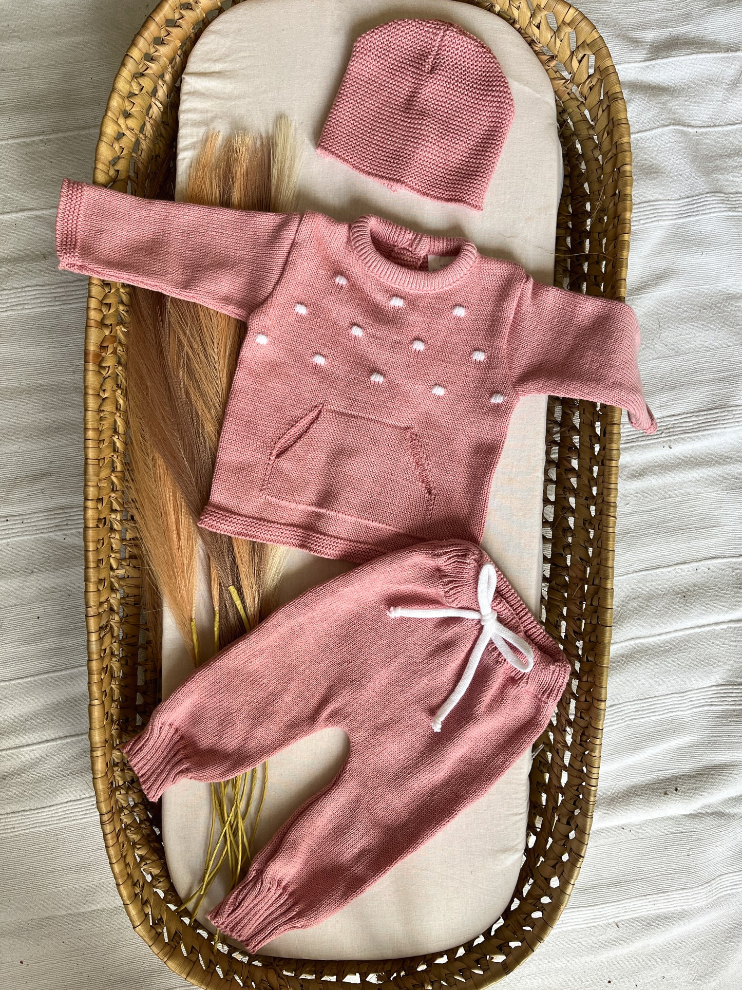 Conjunto de malha bebé 3 peças rosa