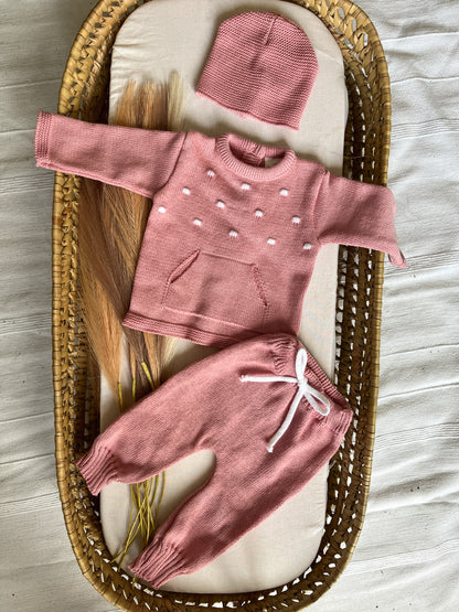 Conjunto de malha bebé 3 peças rosa