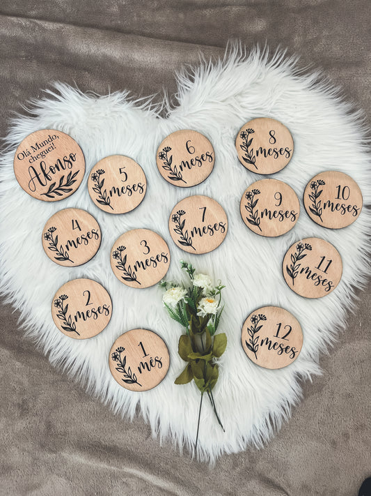 Conjunto placas bebé milestones meses + placa “olá mundo”