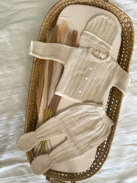 Conjunto de malha 3 peças bebé bege