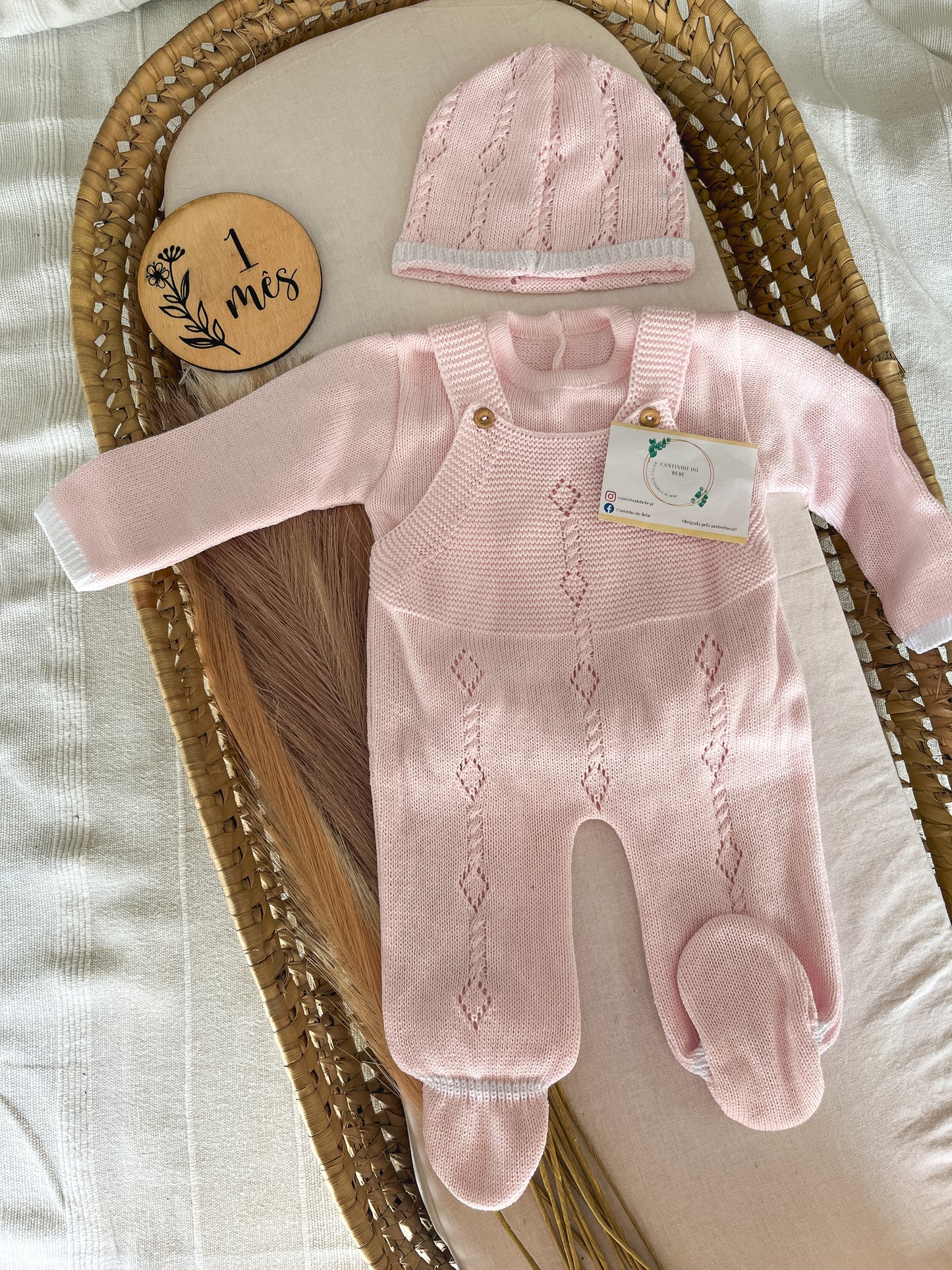 Conjunto de malha bebé 3 peças rosa