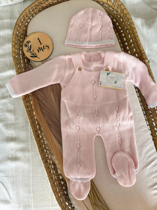 Conjunto de malha bebé 3 peças rosa