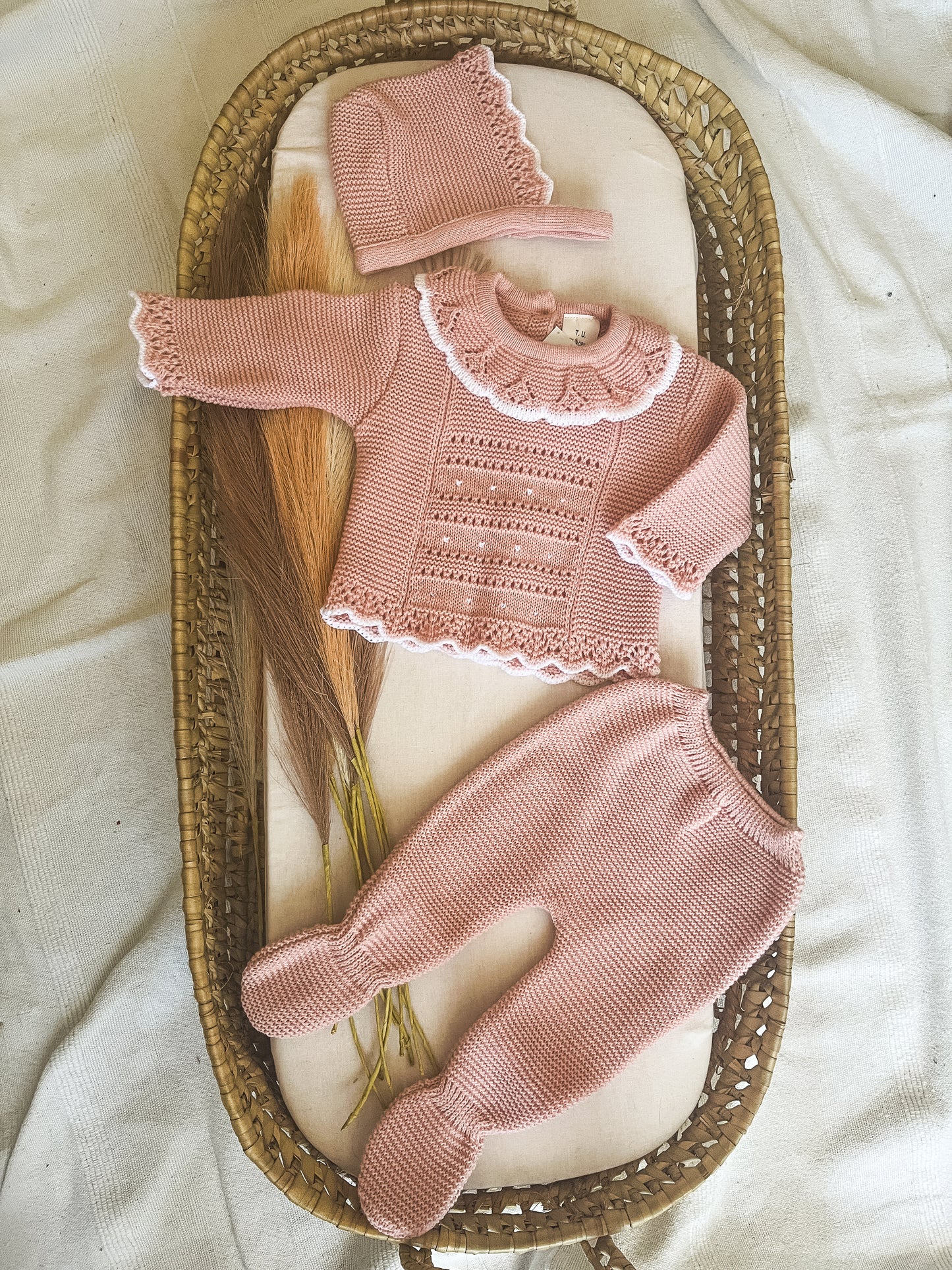 Conjunto de malha 3 peças bebé rosa