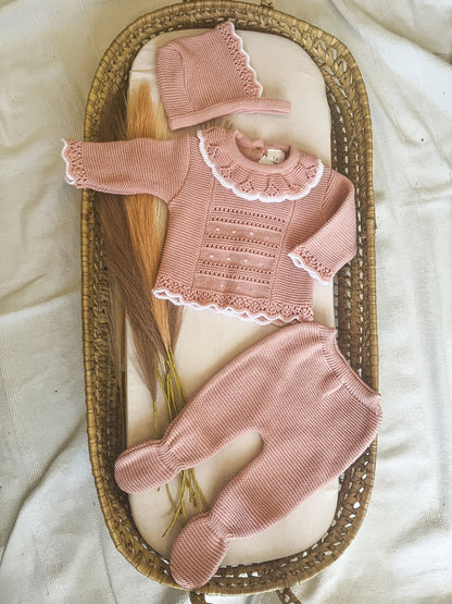 Conjunto de malha 3 peças bebé rosa