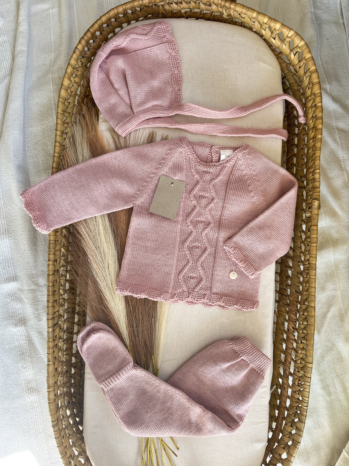 Conjunto de malha bebé 3 peças rosa velho