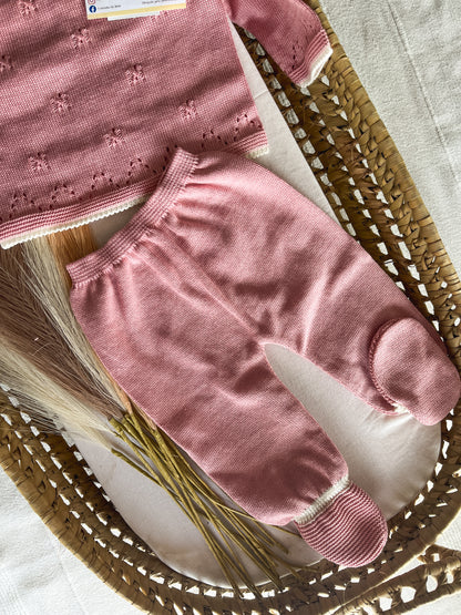 Conjunto de malha bebé 3 peças rosa velho
