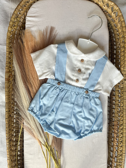 Conjunto de fofo/jardineira com blusa bebé menino azul