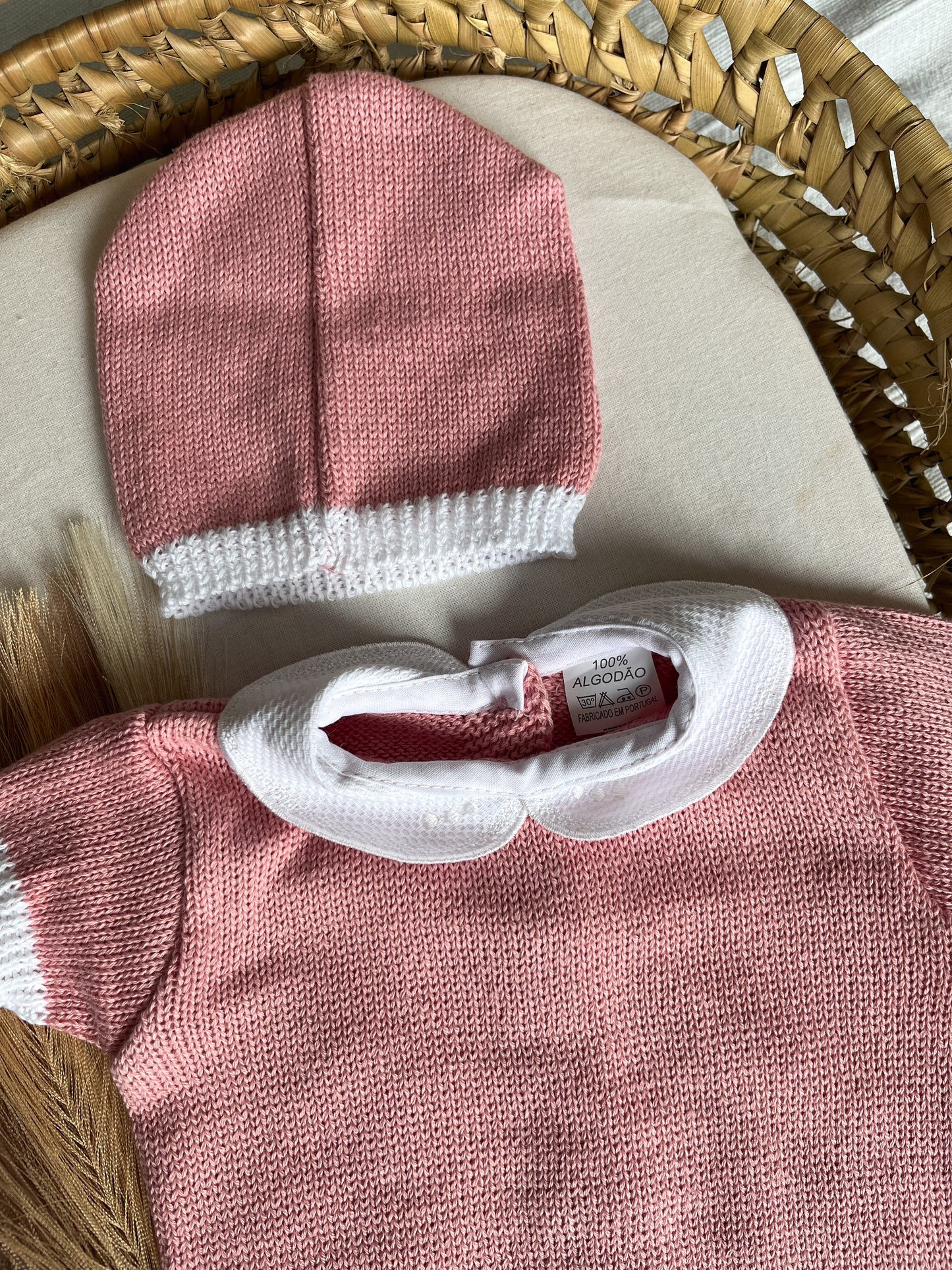 Conjunto de malha bebé 3 peças rosa