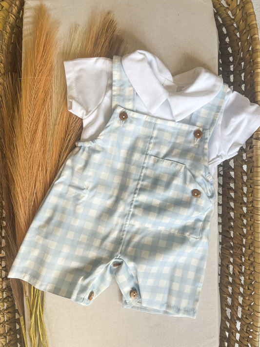 Conjunto de jardineira com blusa bebé menino azul