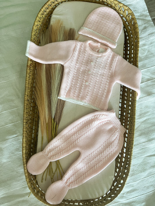 Conjunto de malha 3 peças bebé rosa bebé