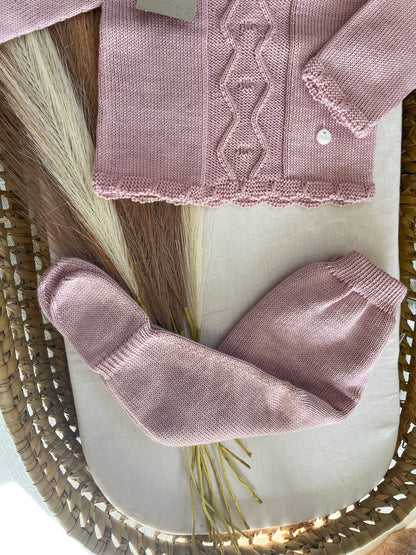 Conjunto de malha bebé 3 peças rosa velho