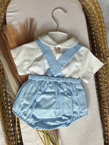 Conjunto de fofo/jardineira com blusa bebé menino azul