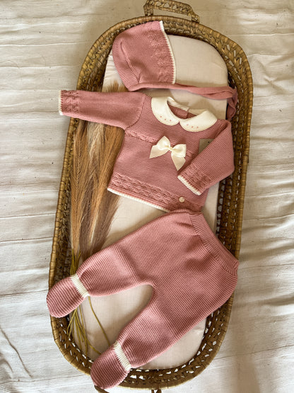 Conjunto de malha 3 peças bebé rosa