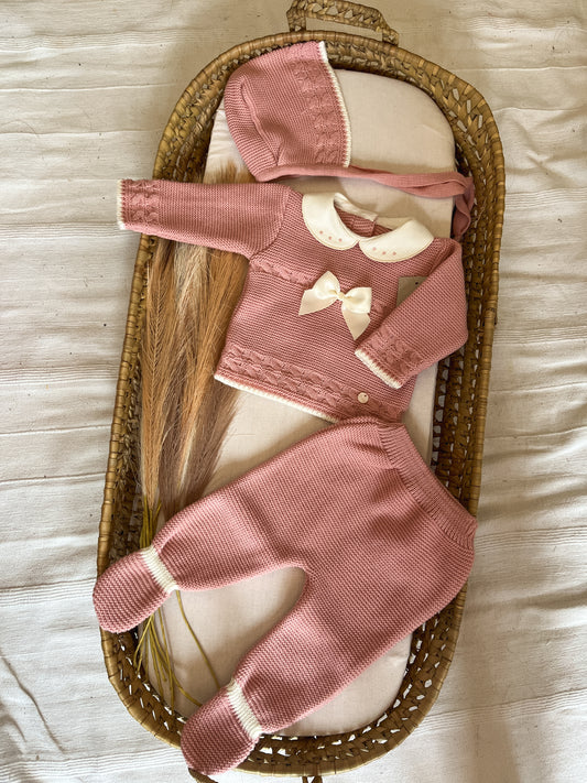 Conjunto de malha 3 peças bebé rosa