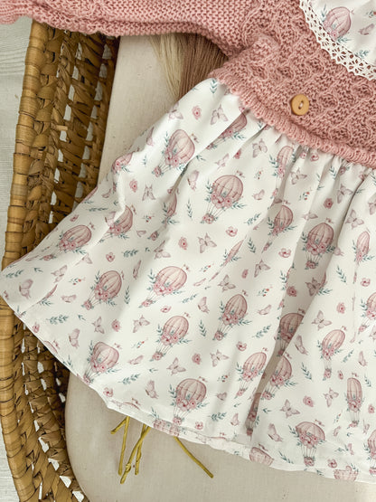 Conjunto de 2 peças bebé vestido e touca rosa velho