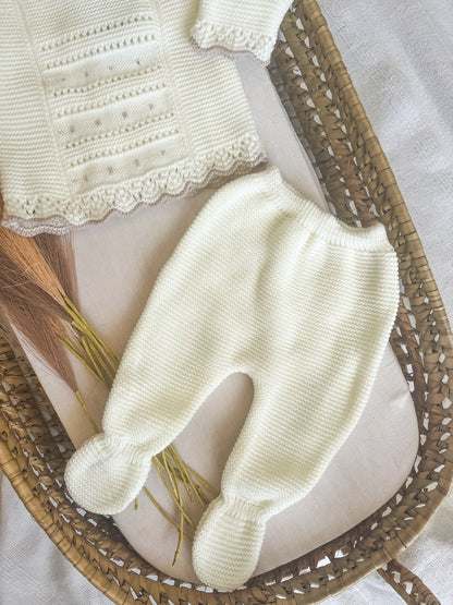 Conjunto de malha 3 peças bebé branco pérola