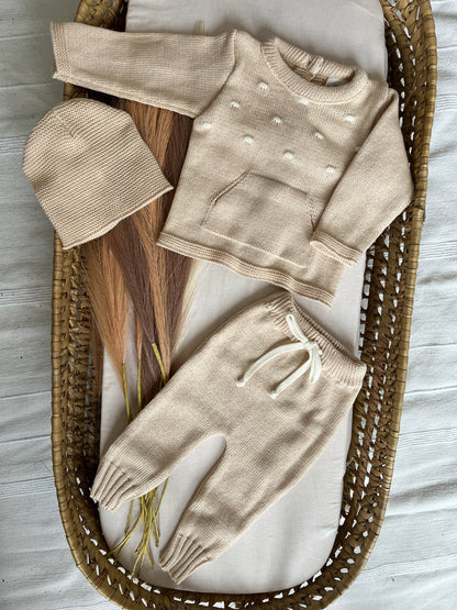 Conjunto de malha bebé 3 peças bege