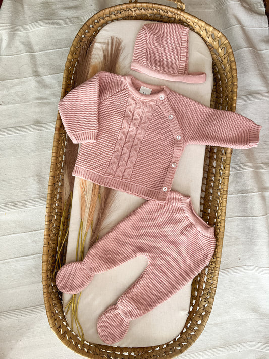 Conjunto de malha 3 peças bebé rosa