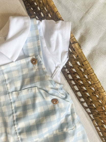 Conjunto de jardineira com blusa bebé menino azul