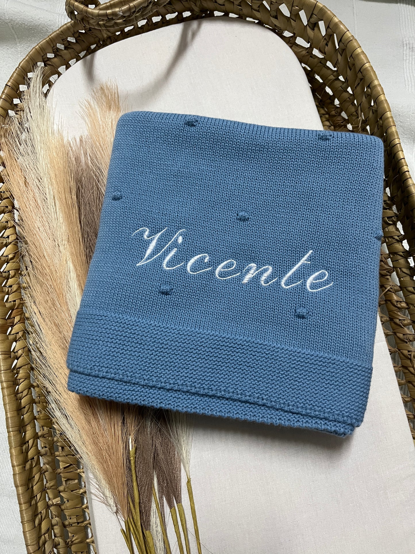 Manta de malha azul para bebé personalizável com nome