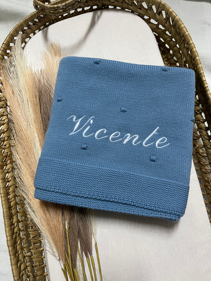 Manta de malha azul para bebé personalizável com nome