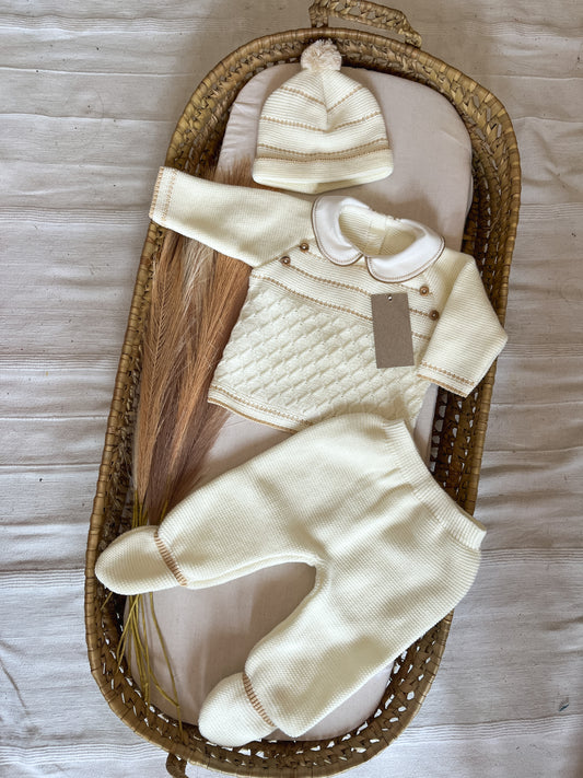 Conjunto de malha 3 peças bebé branco pérola