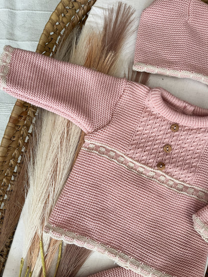 Conjunto de malha 3 peças bebé rosa
