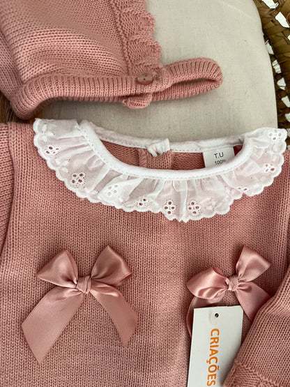 Conjunto de malha 3 peças bebé rosa velho