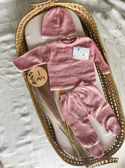 Conjunto de malha bebé 3 peças rosa velho