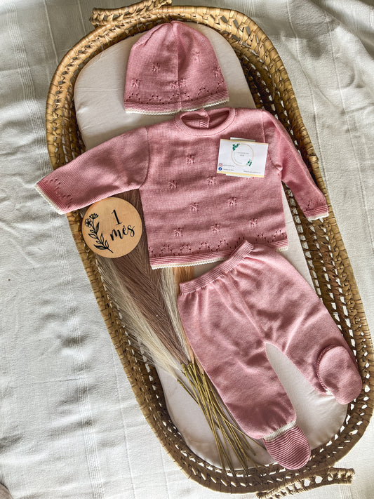 Conjunto de malha bebé 3 peças rosa velho