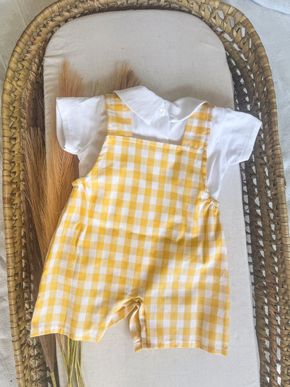 Conjunto de jardineira com blusa bebé menino amarelo
