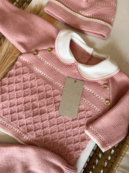 Conjunto de malha 3 peças bebé rosa