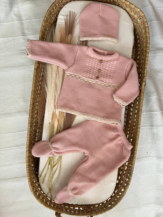 Conjunto de malha 3 peças bebé rosa