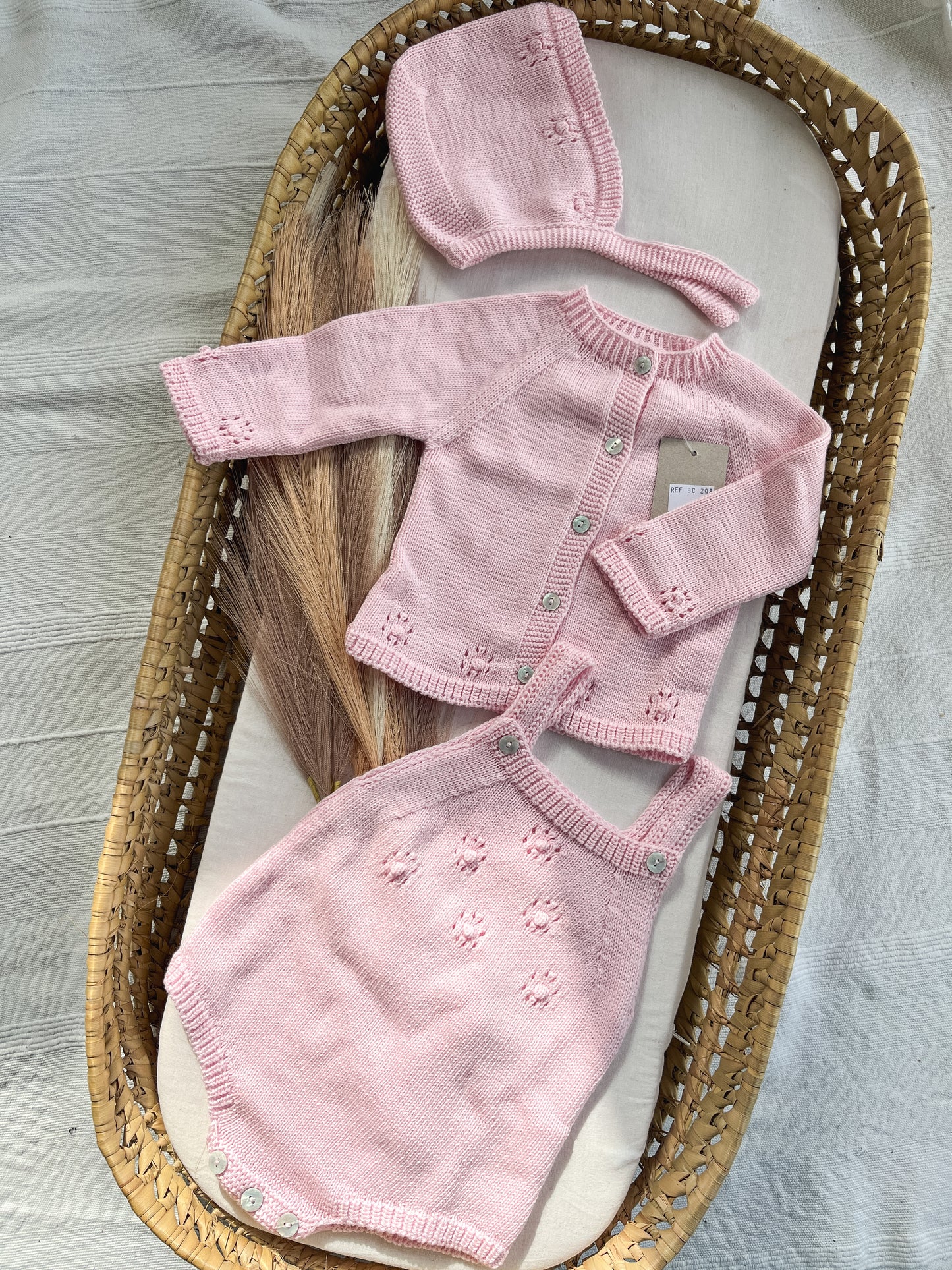 Conjunto de malha bebé 3 peças rosa