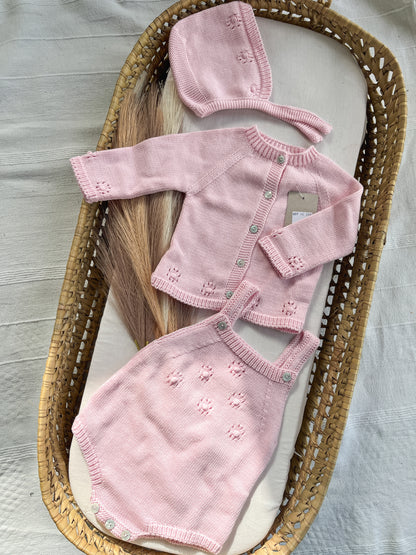 Conjunto de malha bebé 3 peças rosa