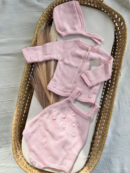 Conjunto de malha bebé 3 peças rosa