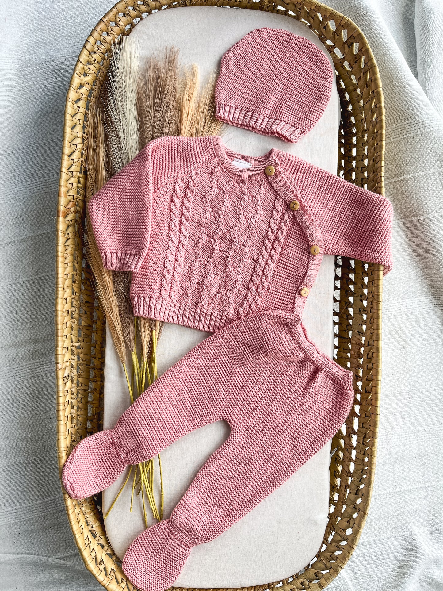 Conjunto de malha bebé 3 peças rosa velho