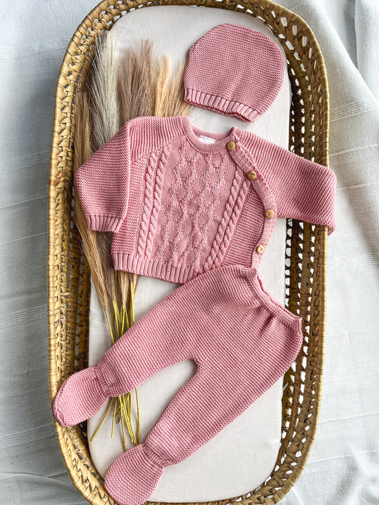Conjunto de malha bebé 3 peças rosa velho