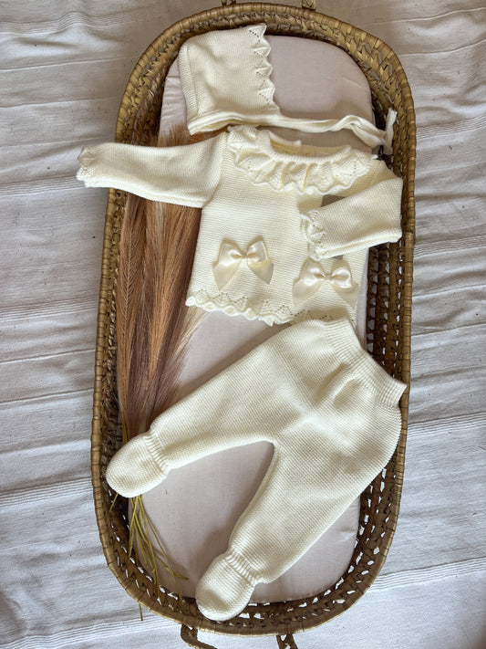 Conjunto de malha 3 peças bebé branco pérola